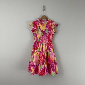 J Marie Leilani Smocked Pink Floral Ruffle Mini Dress Size XS